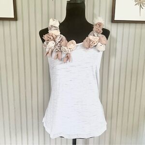 Anthropologie One September 3D Floral Trim Exaggerated Neckline White Tan